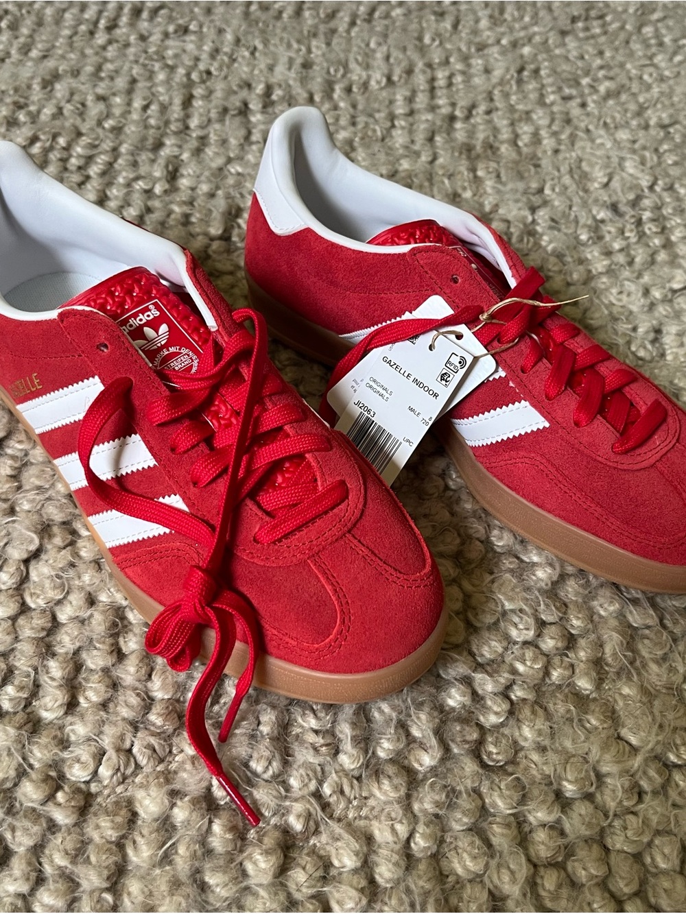 adidas Red Suede Gazelle Indoor Sneakers with White Stripes